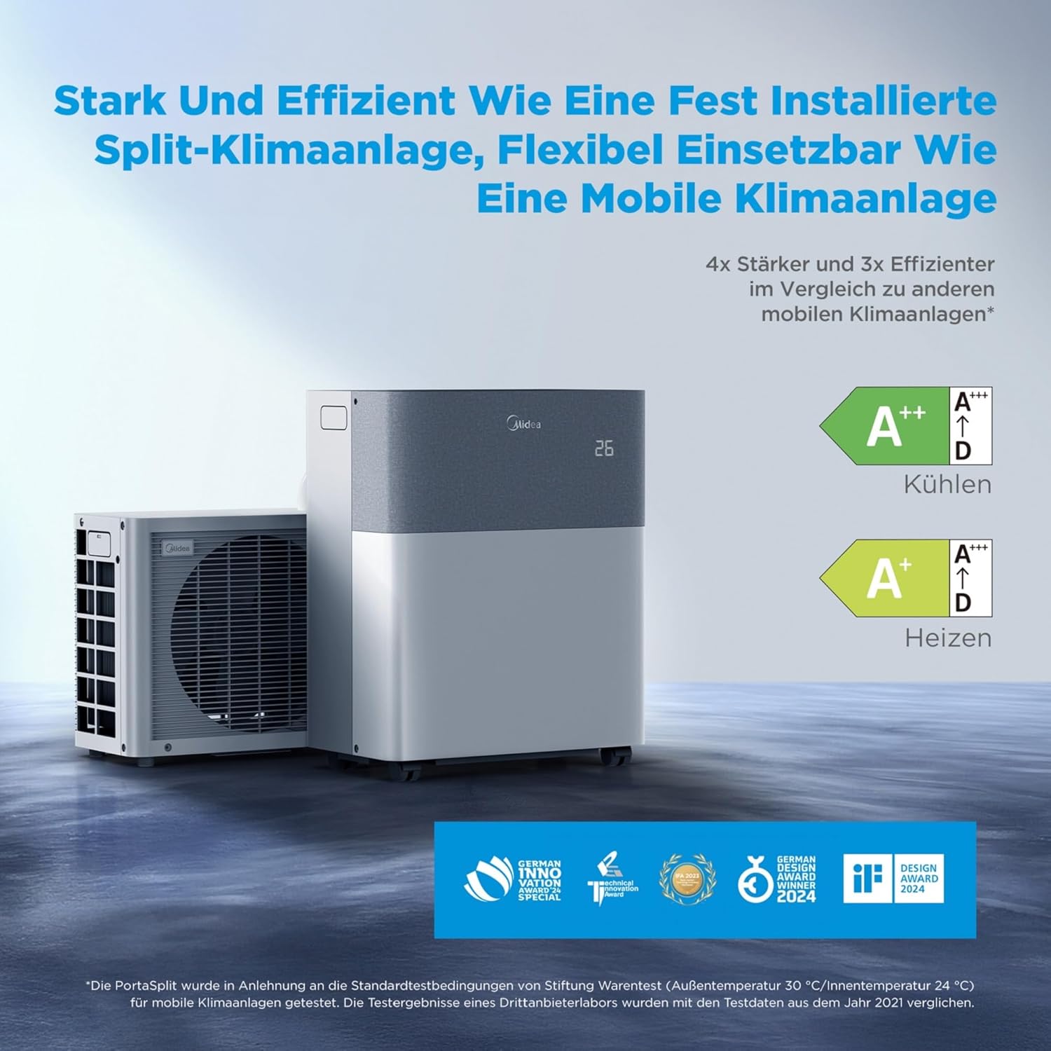 Midea Portasplit Klimaanlage, Mobile Heat Pump, Cooling A++/Heating A+, 12000 BTU 3.5 kW, for Rooms up to 42 m² / 105 m³, Only 39 dB(A) in Silent Mode