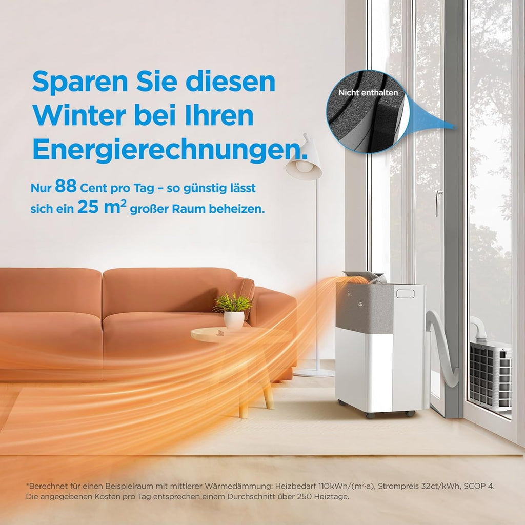 Midea Portasplit Klimaanlage, Mobile Heat Pump, Cooling A++/Heating A+, 12000 BTU 3.5 kW, for Rooms up to 42 m² / 105 m³, Only 39 dB(A) in Silent Mode