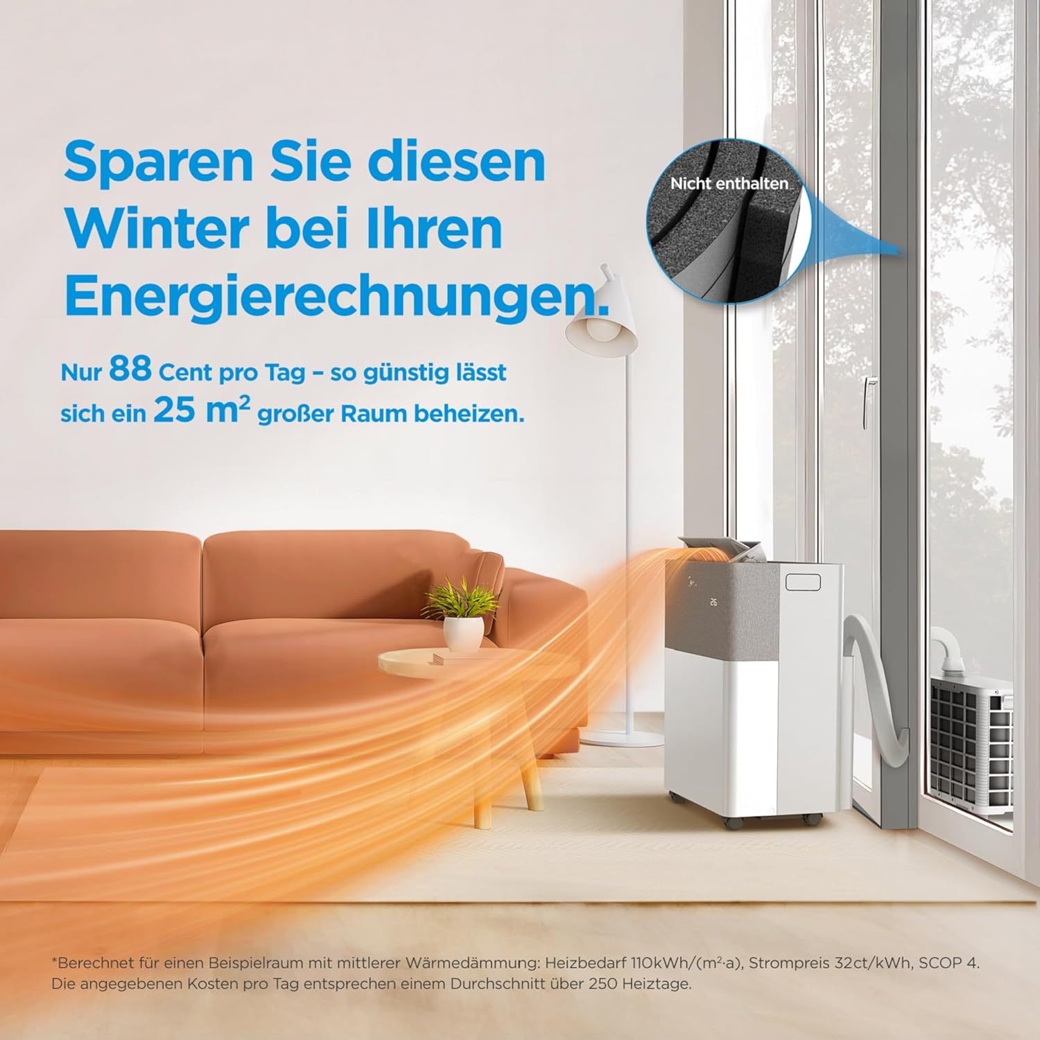 Midea Portasplit Klimaanlage, Mobile Heat Pump, Cooling A++/Heating A+, 12000 BTU 3.5 kW, for Rooms up to 42 m² / 105 m³, Only 39 dB(A) in Silent Mode